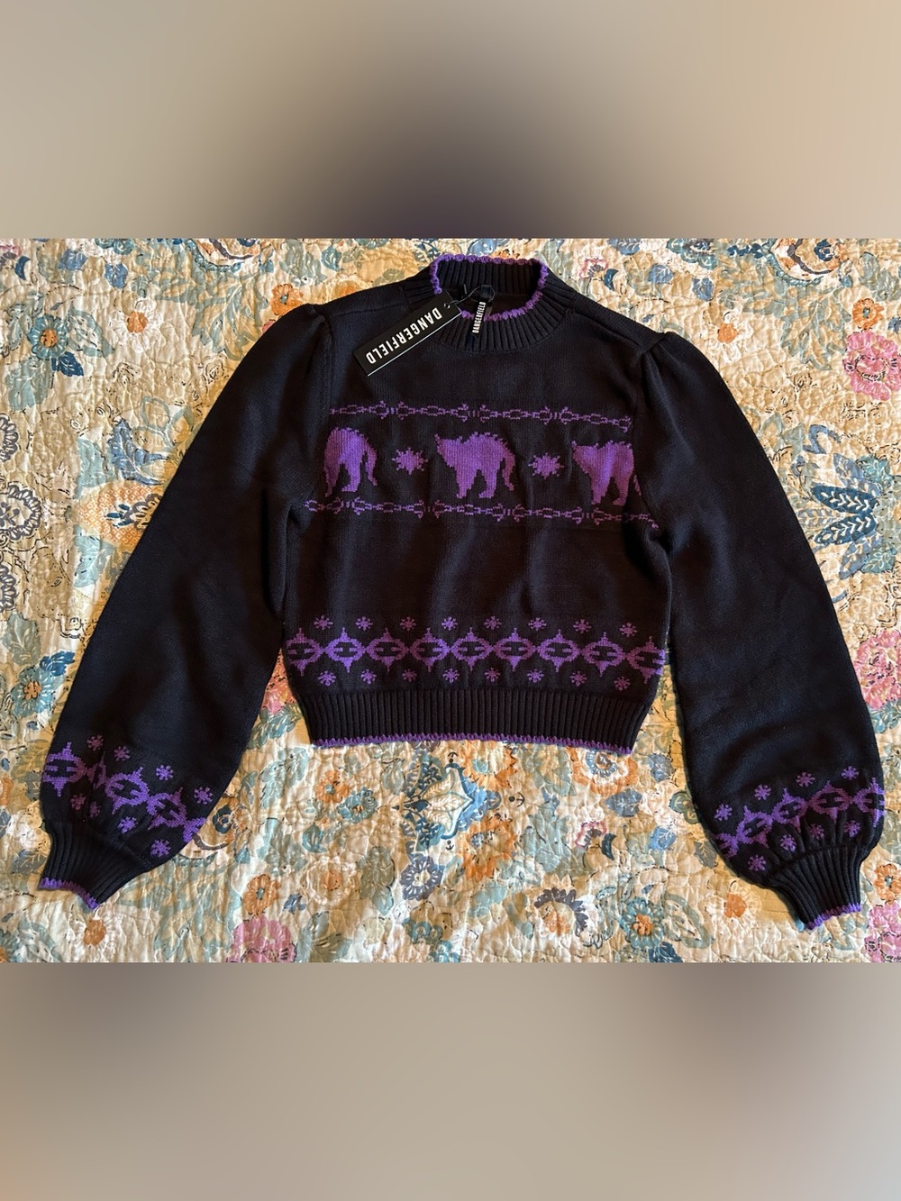 ModCloth Dangerfield Black Crewneck Sweater with Purple Cat Motif Size 8 - Picture 2 of 5